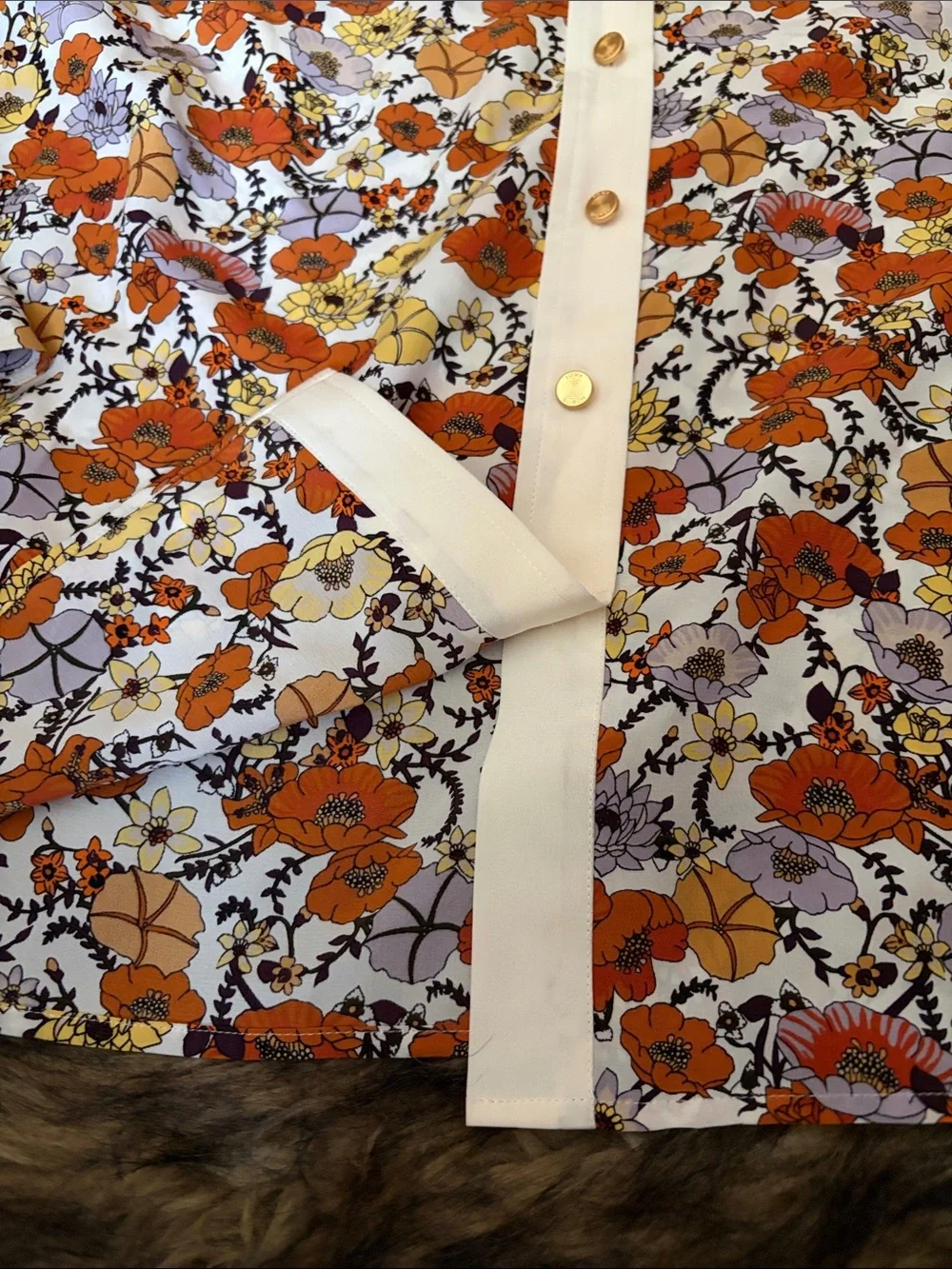Tory Burch Silk Shirt Ditsy Blossom Patchwork Stud Print Floral Orange Size 10
